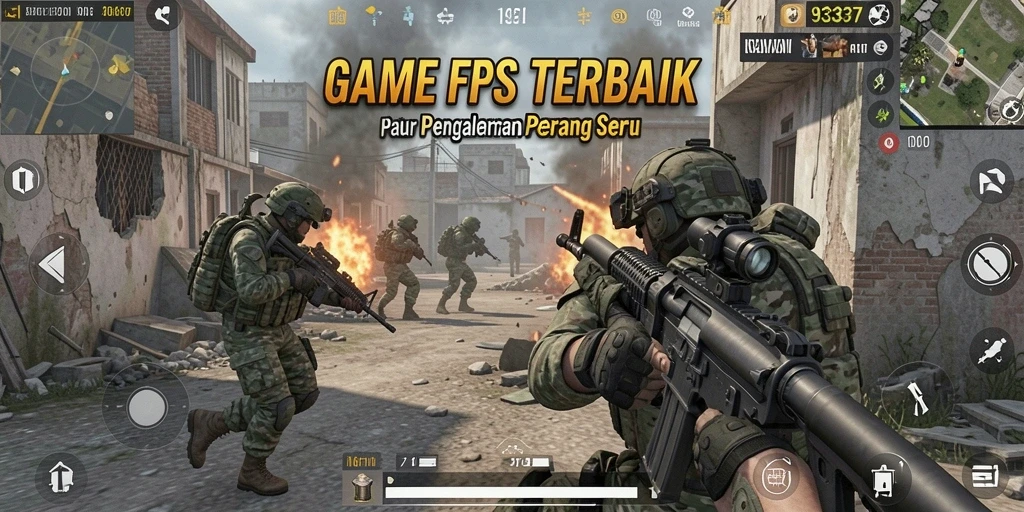 Screenshot utama 93337 menunjukkan aksi intens di medan perang.