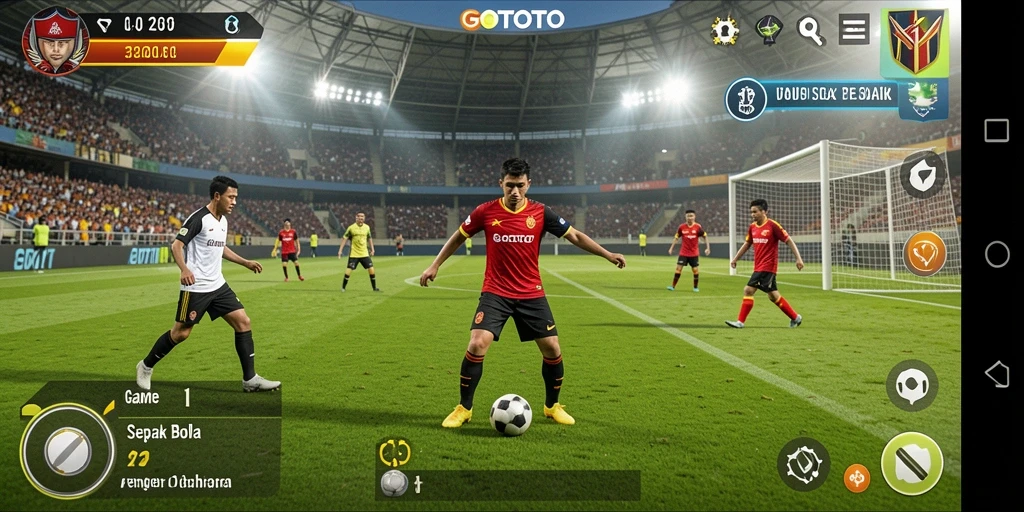 Screenshot gameplay GOTOTO menampilkan aksi sepak bola yang mendebarkan.