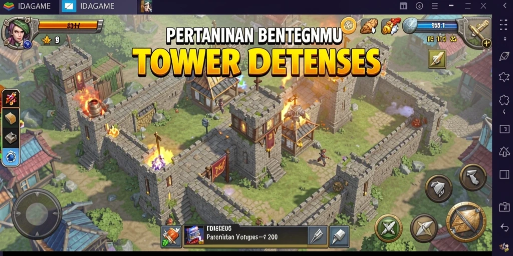Tampilan gameplay seru IDAGAME yang menampilkan menara dan musuh.