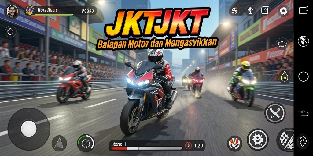 Screenshot gameplay JKTJKT menampilkan aksi balapan motor yang mendebarkan.