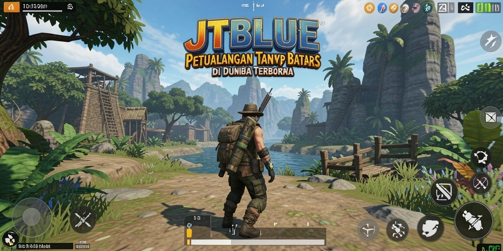 Screenshot pemain menjelajahi pemandangan indah dalam JTBLUE.