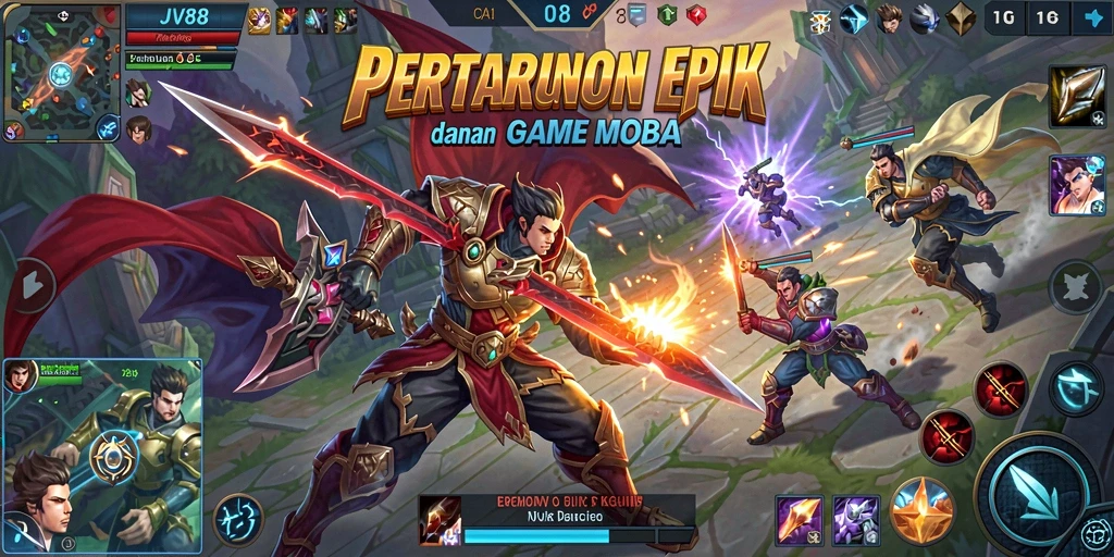 Screenshot utama JV88 menampilkan aksi pertarungan karakter dalam gameplay MOBA.