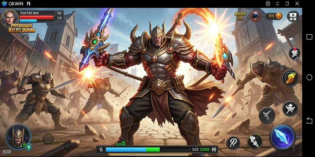 Screenshot OKWIN menampilkan pertempuran dramatis antar karakter di arena spektakuler.