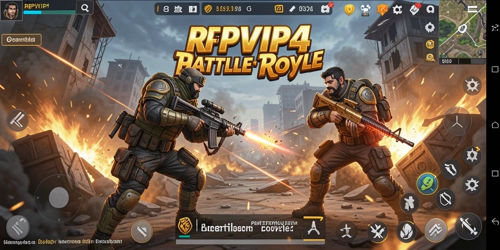Screenshot gameplay RPVIP4 menampilkan aksi pertempuran Battle Royale yang intens.